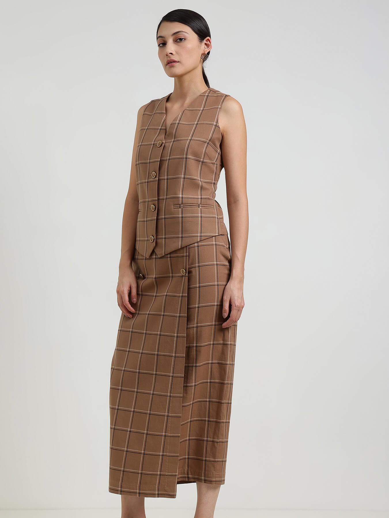 Cotton Plaid Waistcoat Coord - Brown