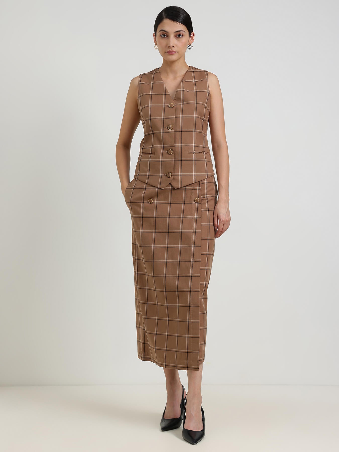 Cotton Plaid Waistcoat Coord - Brown