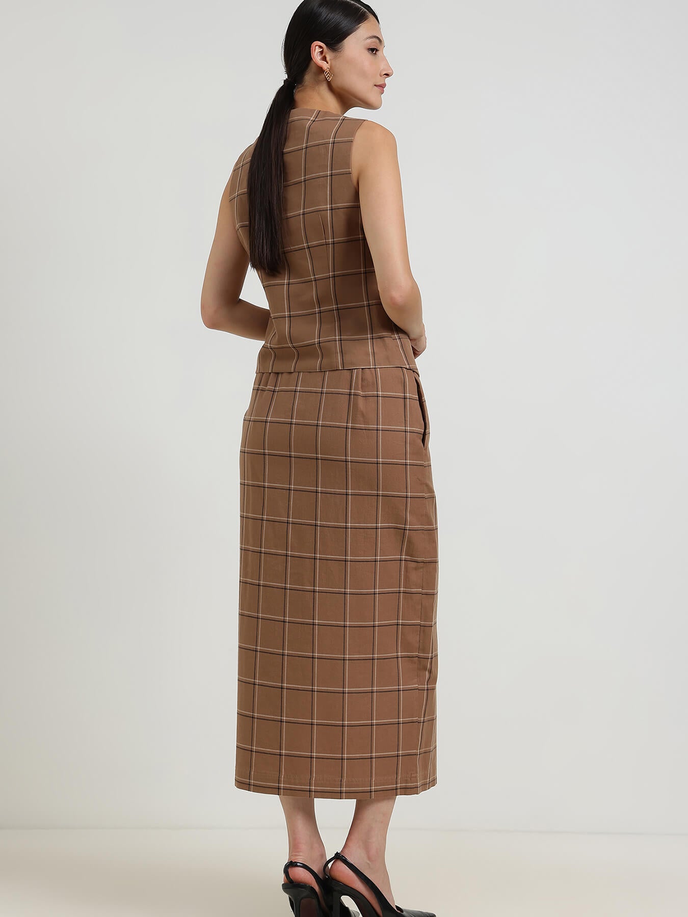 Cotton Plaid Waistcoat Coord - Brown