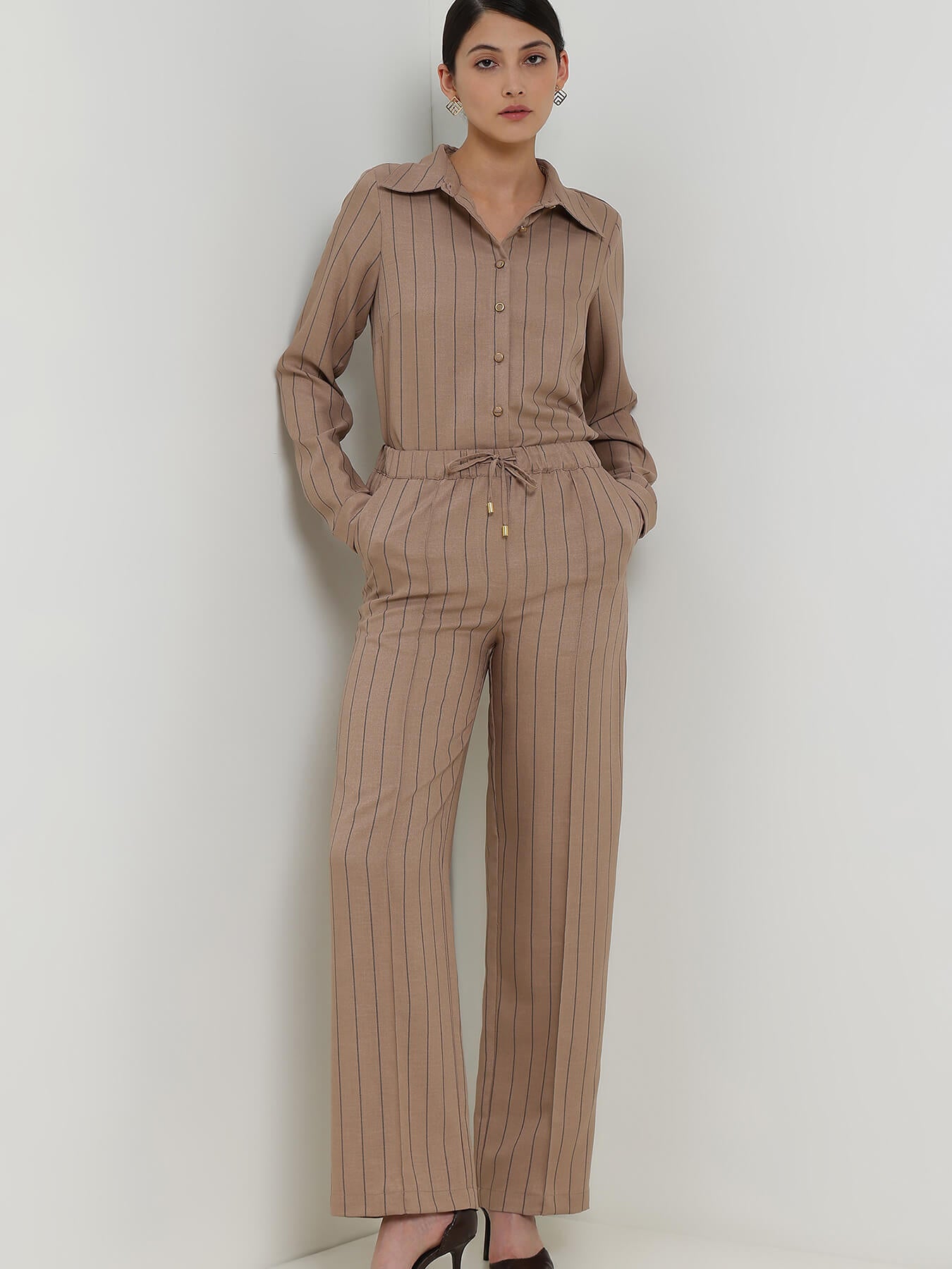 Striped Shirt Coord - Beige