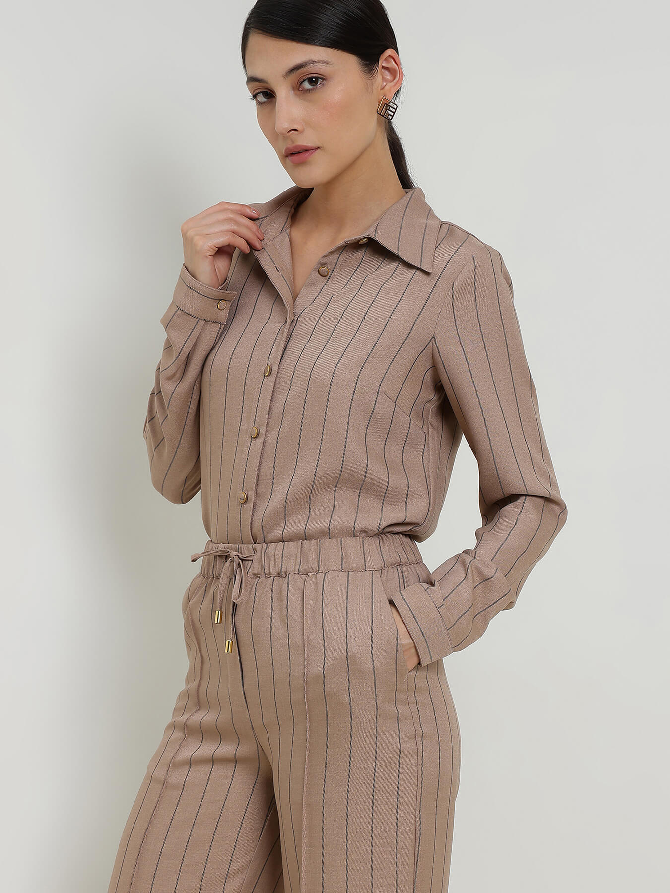 Striped Shirt Coord - Beige