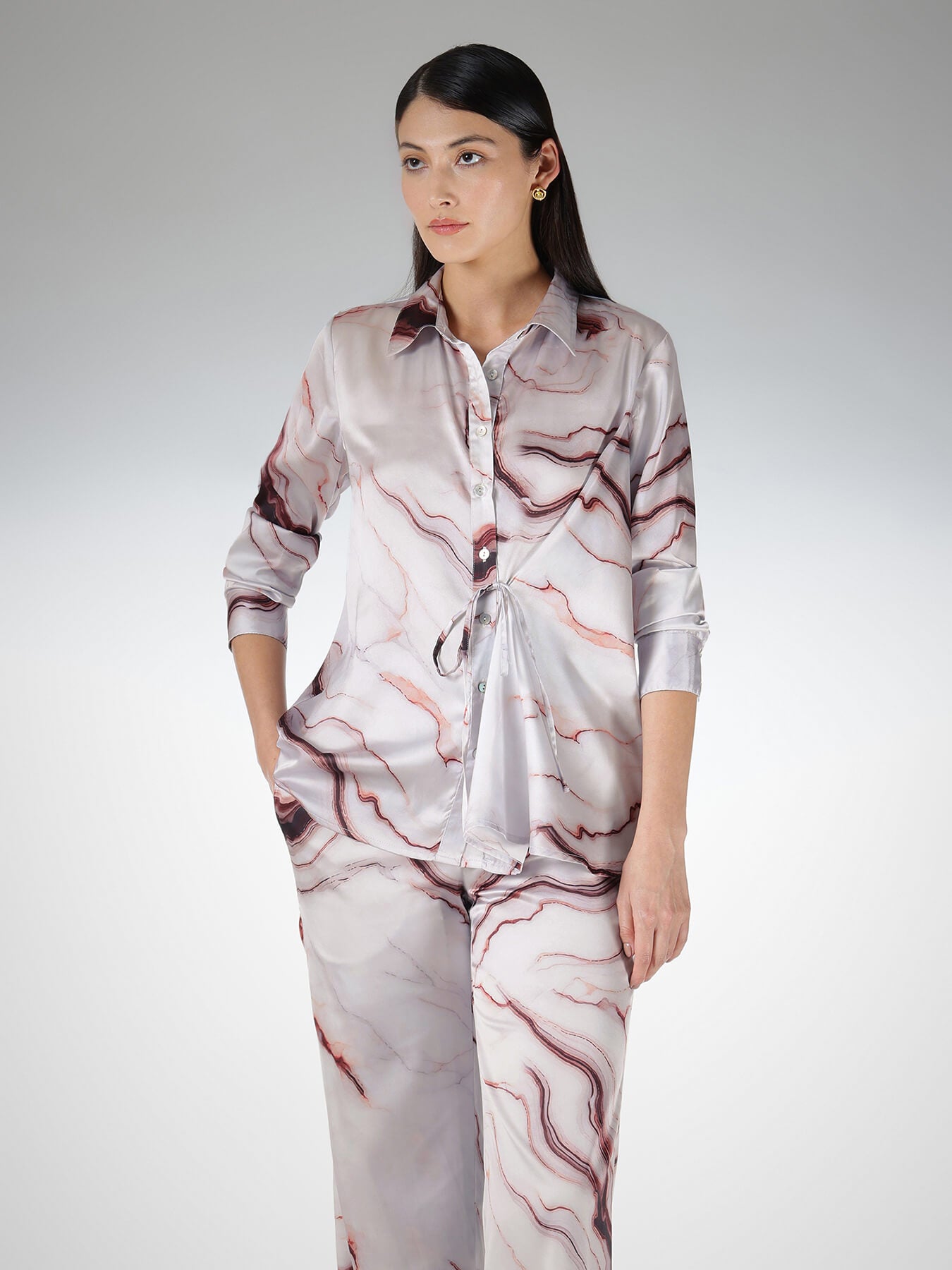 Marble Print Shirt and Trousers Coord - Off White