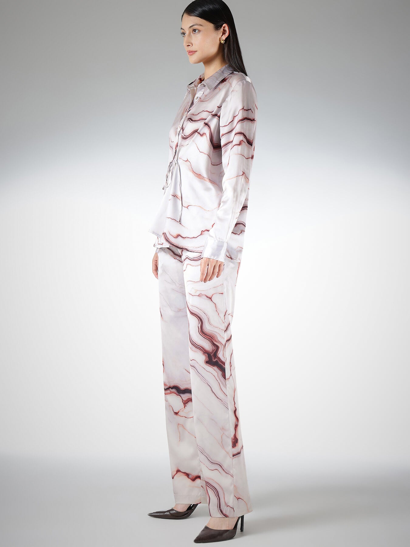Marble Print Shirt and Trousers Coord - Off White