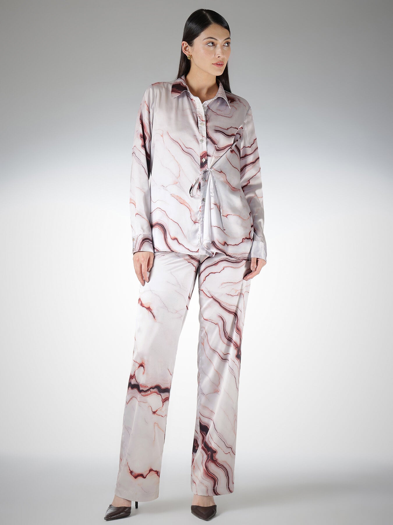 Marble Print Shirt and Trousers Coord - Off White