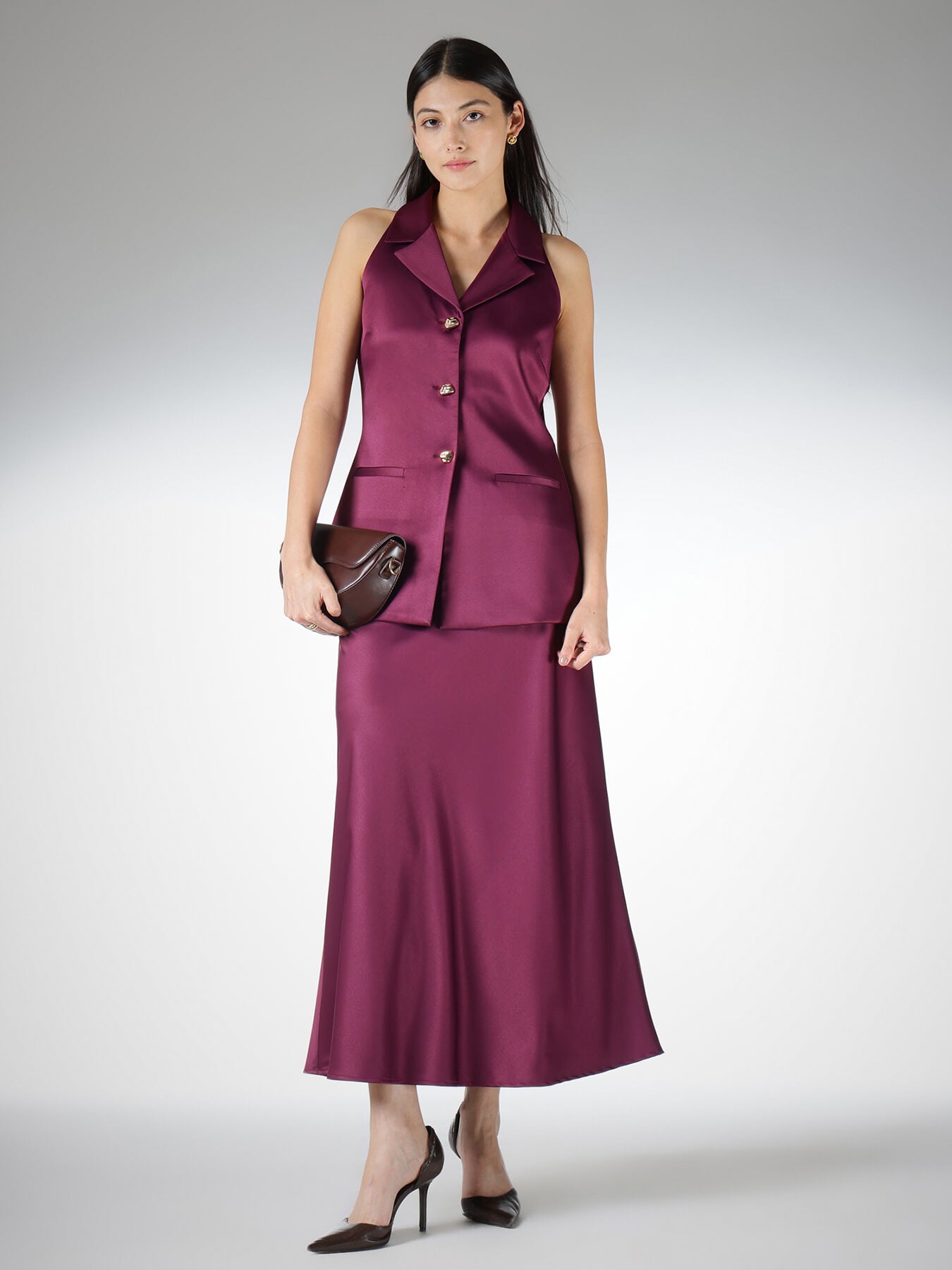 Satin Skirt and Halter Neck Top Coord - Wine
