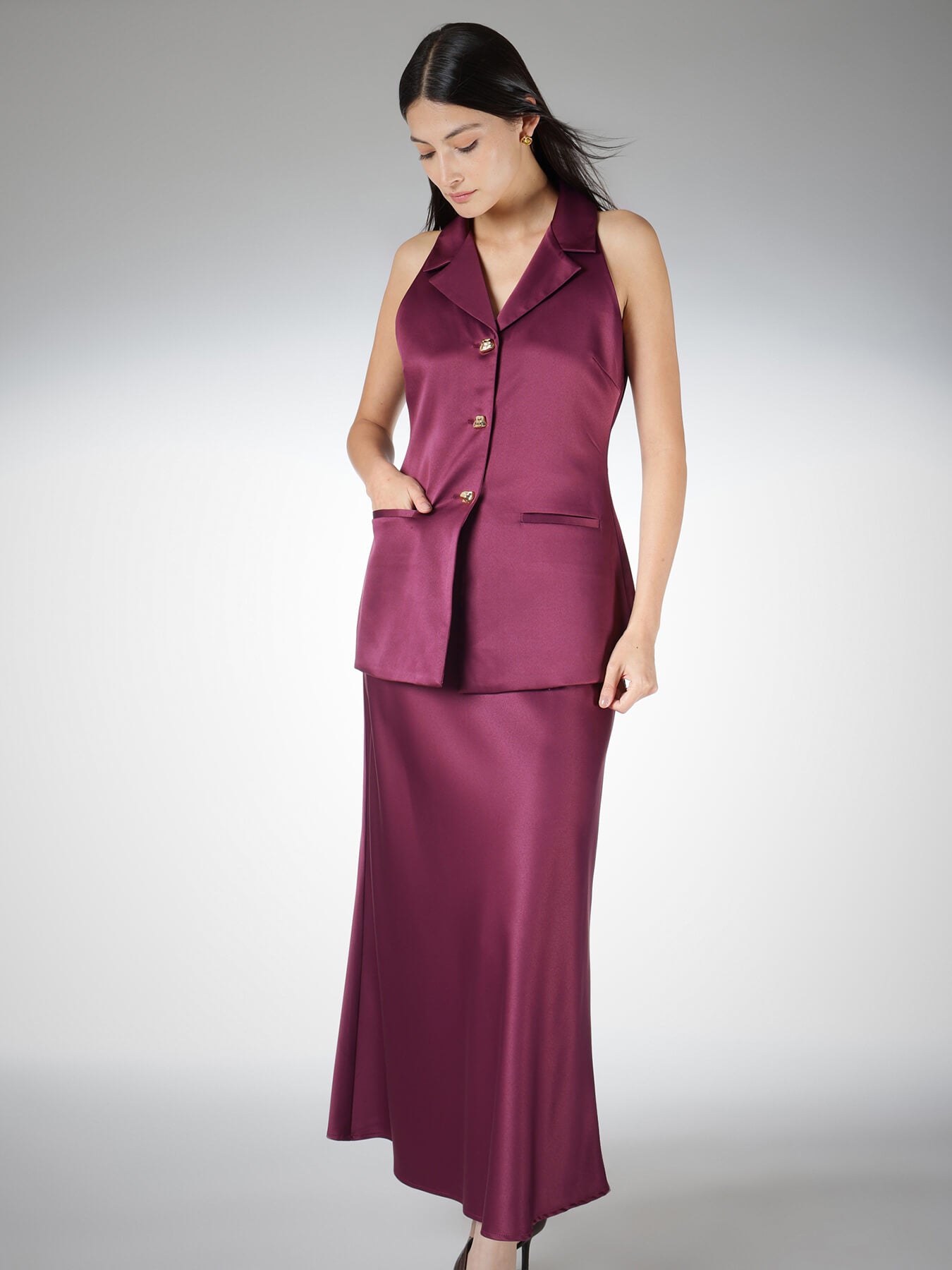 Satin Skirt and Halter Neck Top Coord - Wine