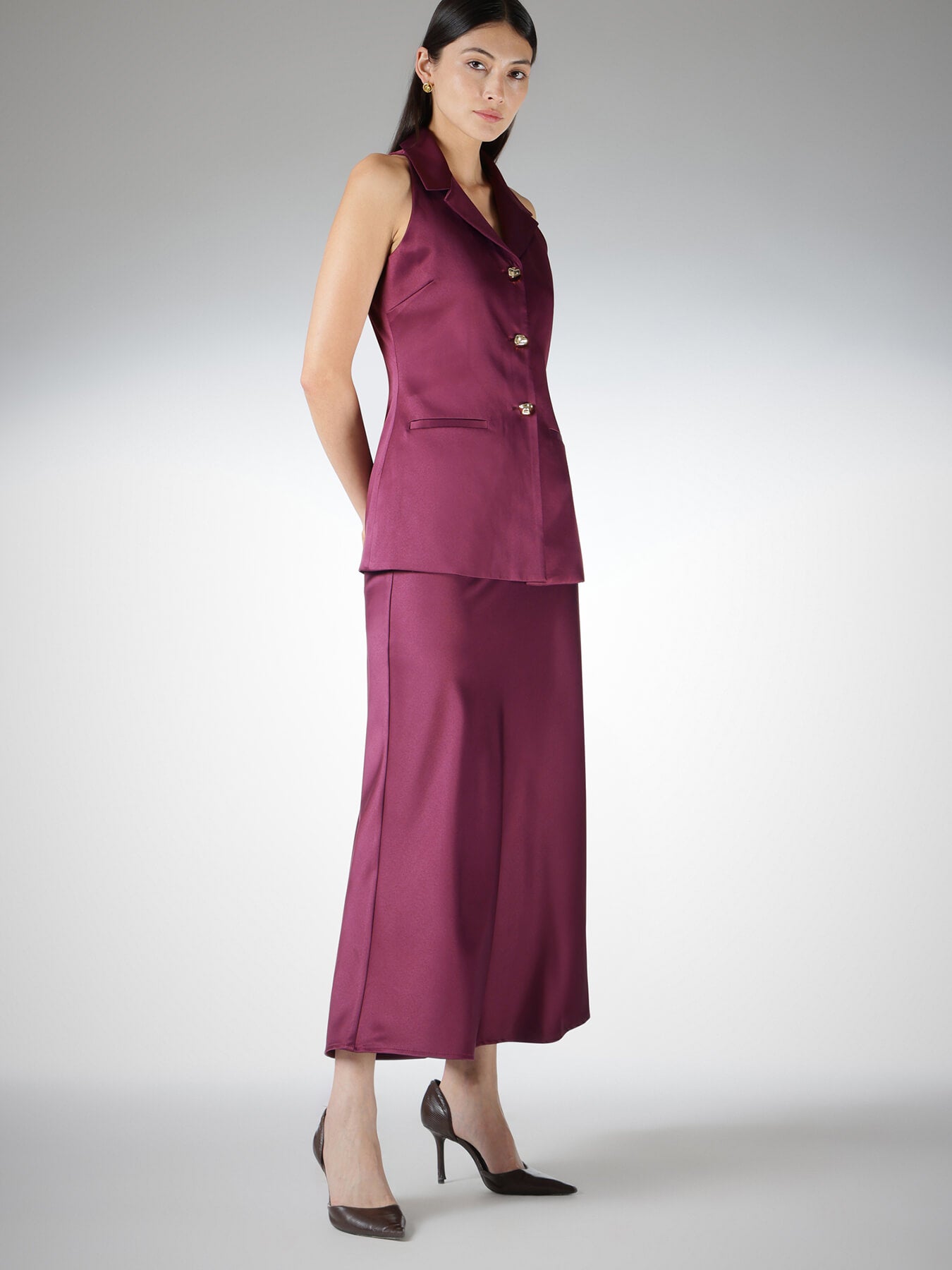 Satin Skirt and Halter Neck Top Coord - Wine