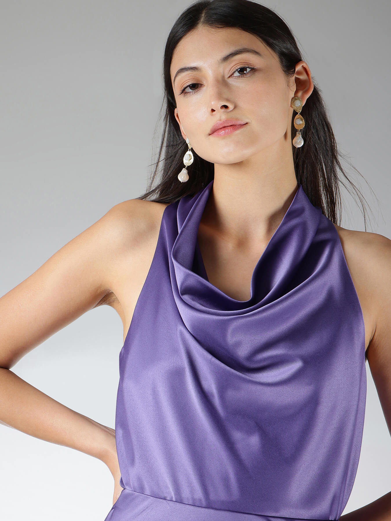 Satin Skirt and Cowl Neck Top Coord - Purple