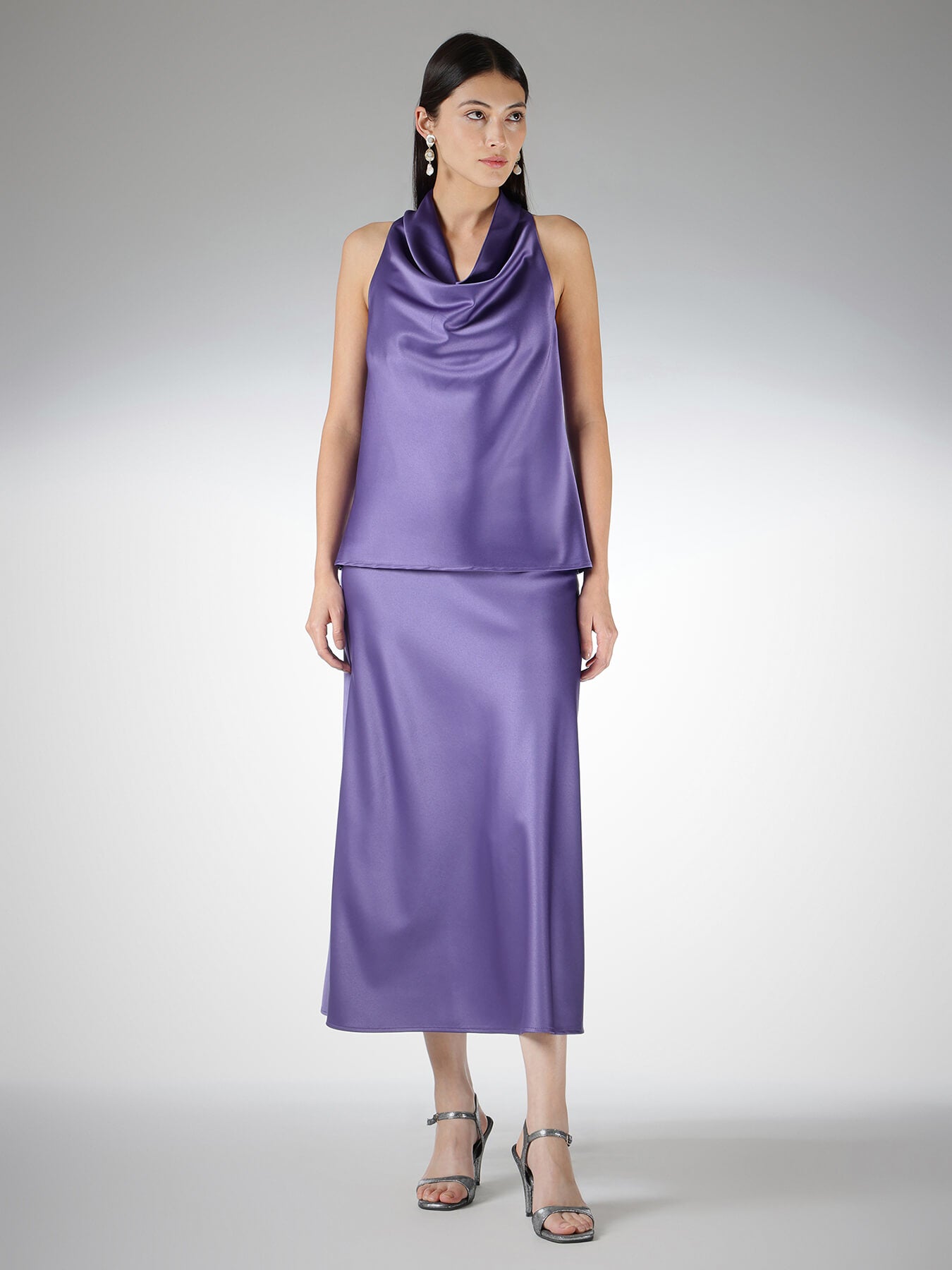 Satin Skirt and Cowl Neck Top Coord - Purple