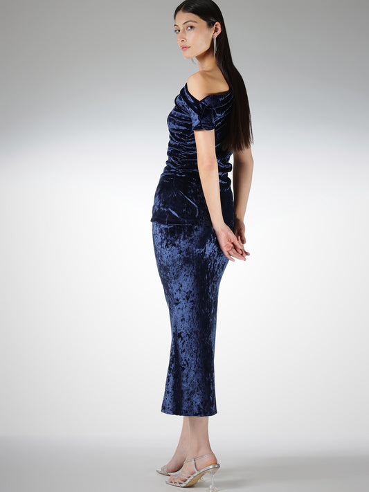 Velvet Skirt and Off Shoulder Top Coord - Blue