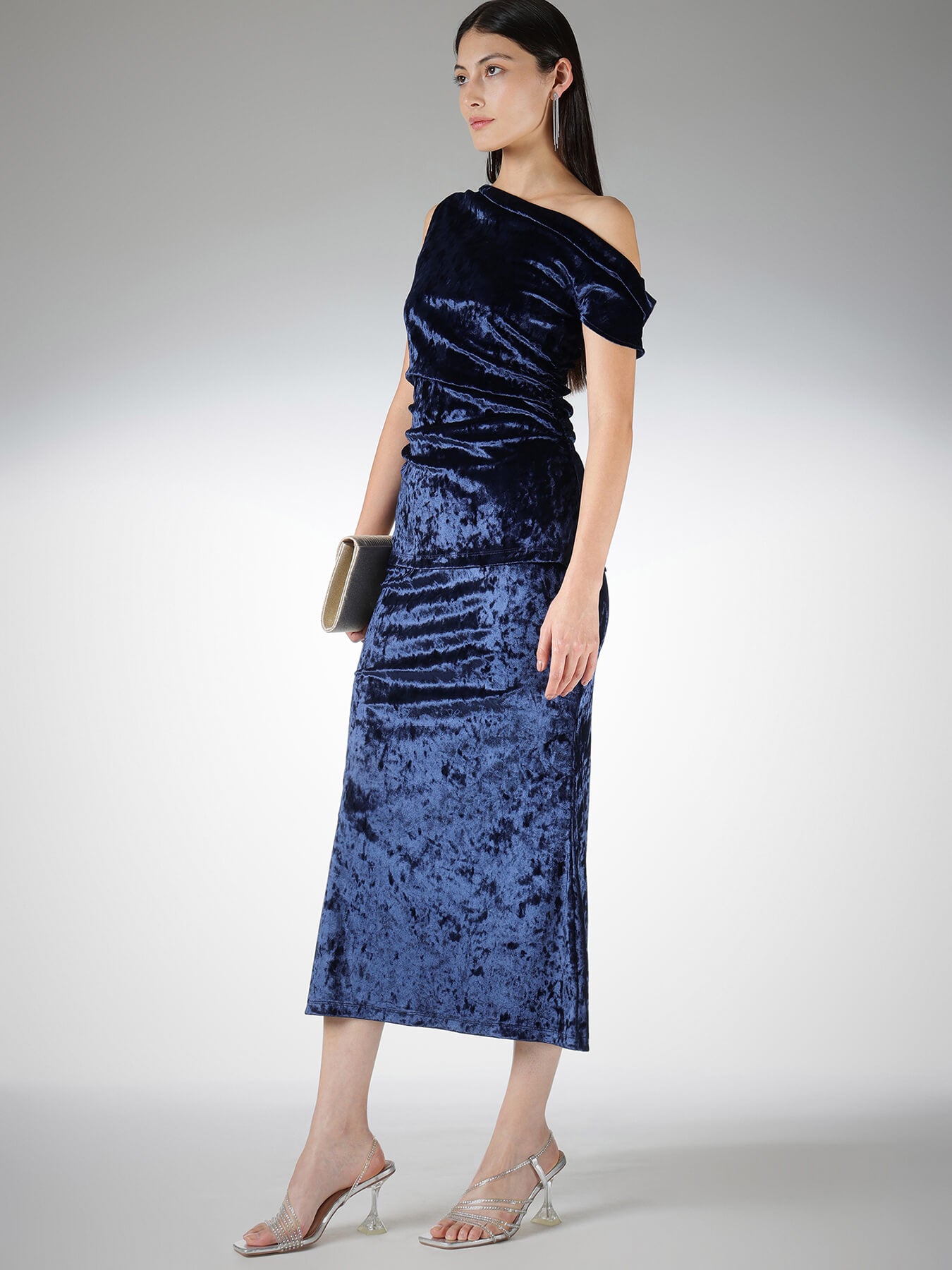 Velvet Skirt and Off Shoulder Top Coord - Blue