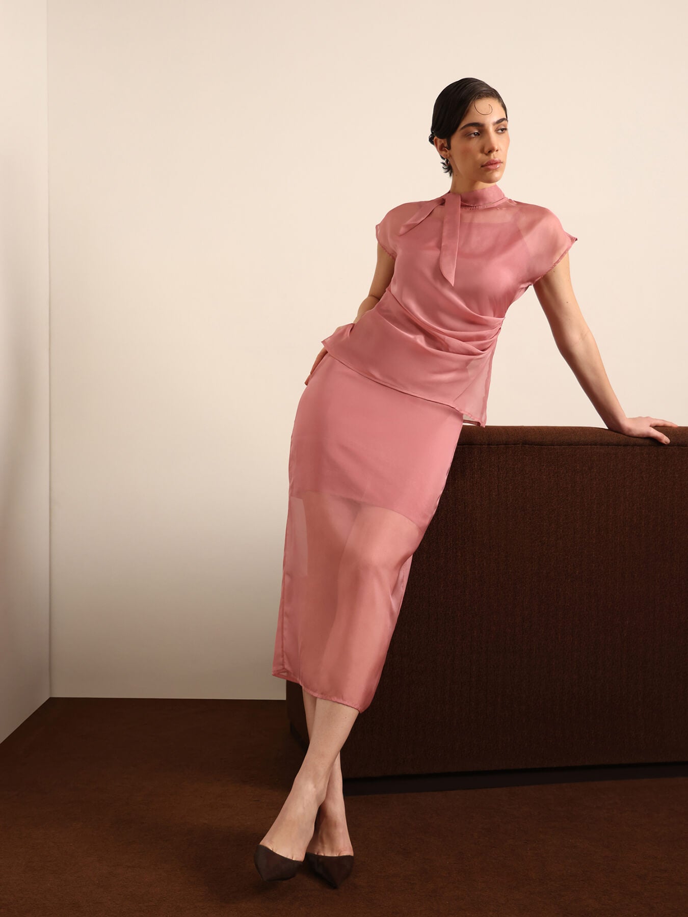 Organza Top & Midi Skirt Coord - Dusky Pink