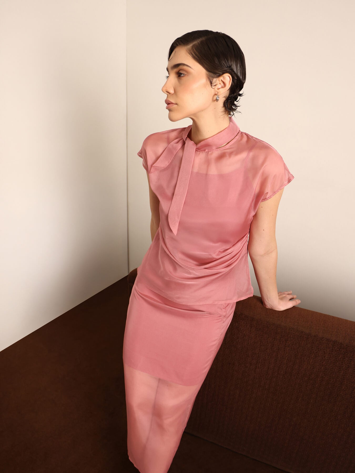 Organza Top & Midi Skirt Coord - Dusky Pink