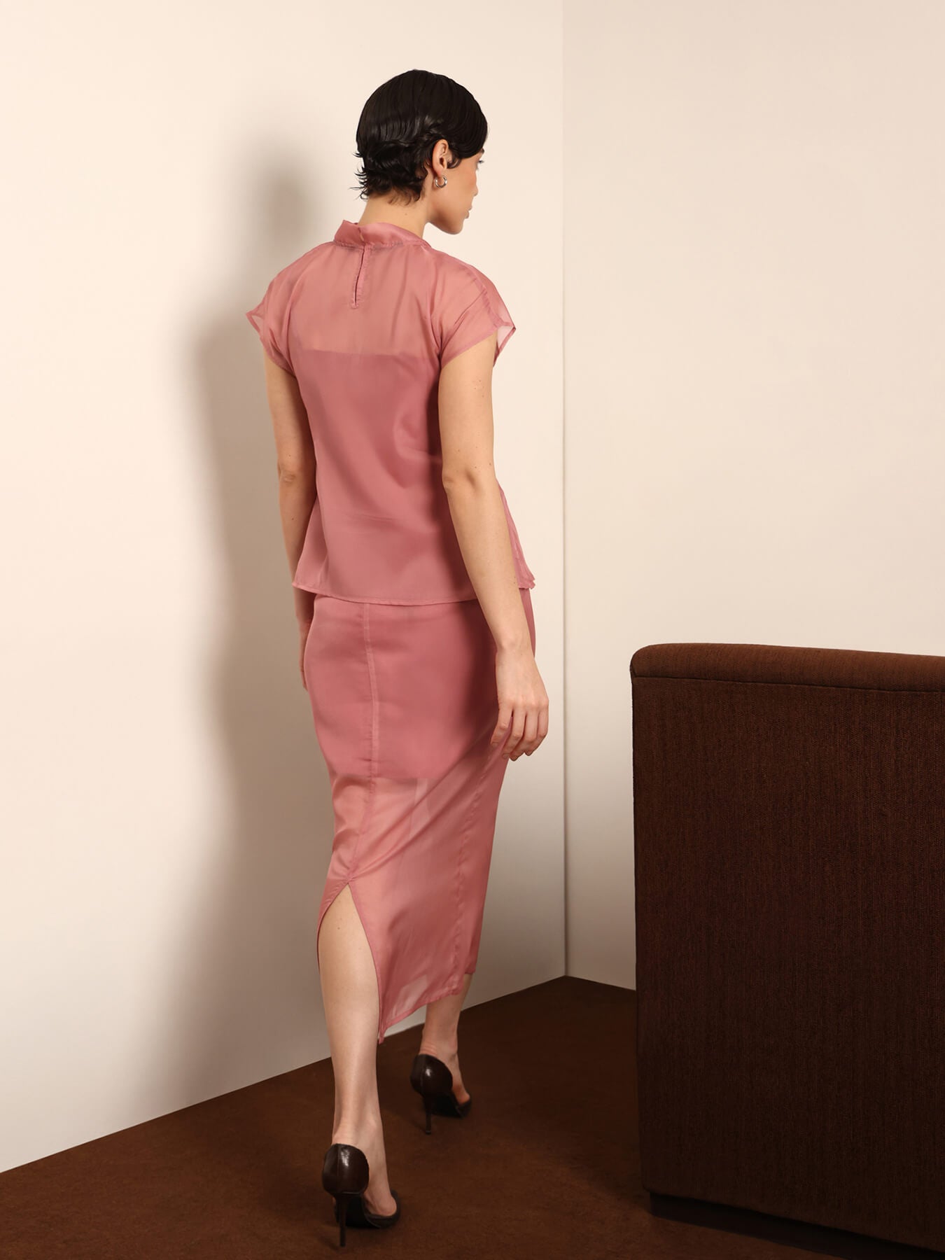 Organza Top & Midi Skirt Coord - Dusky Pink