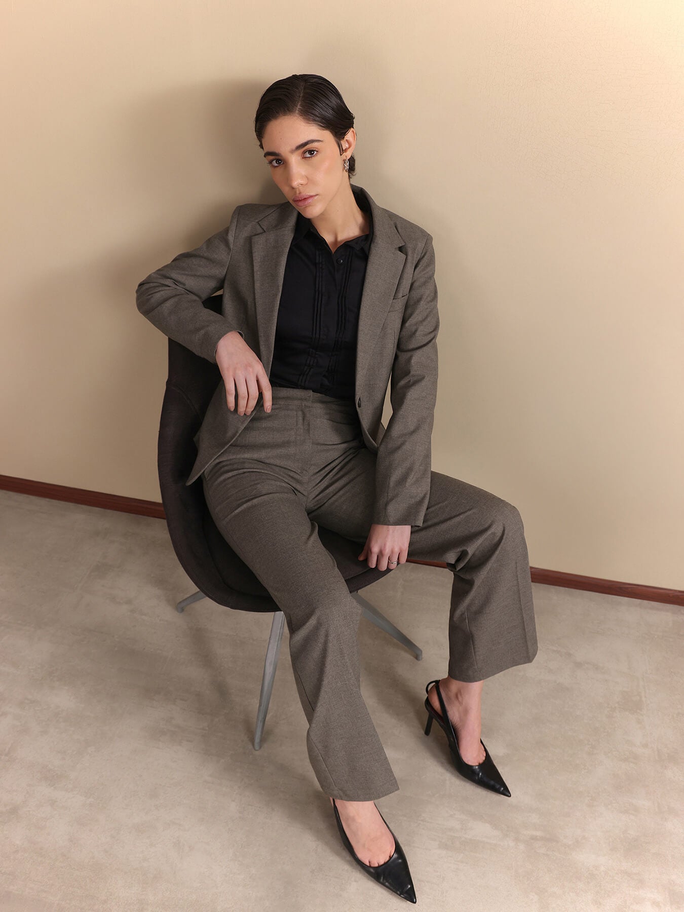 Single Breasted Blazer and Wide leg Trousers Coord - Grey