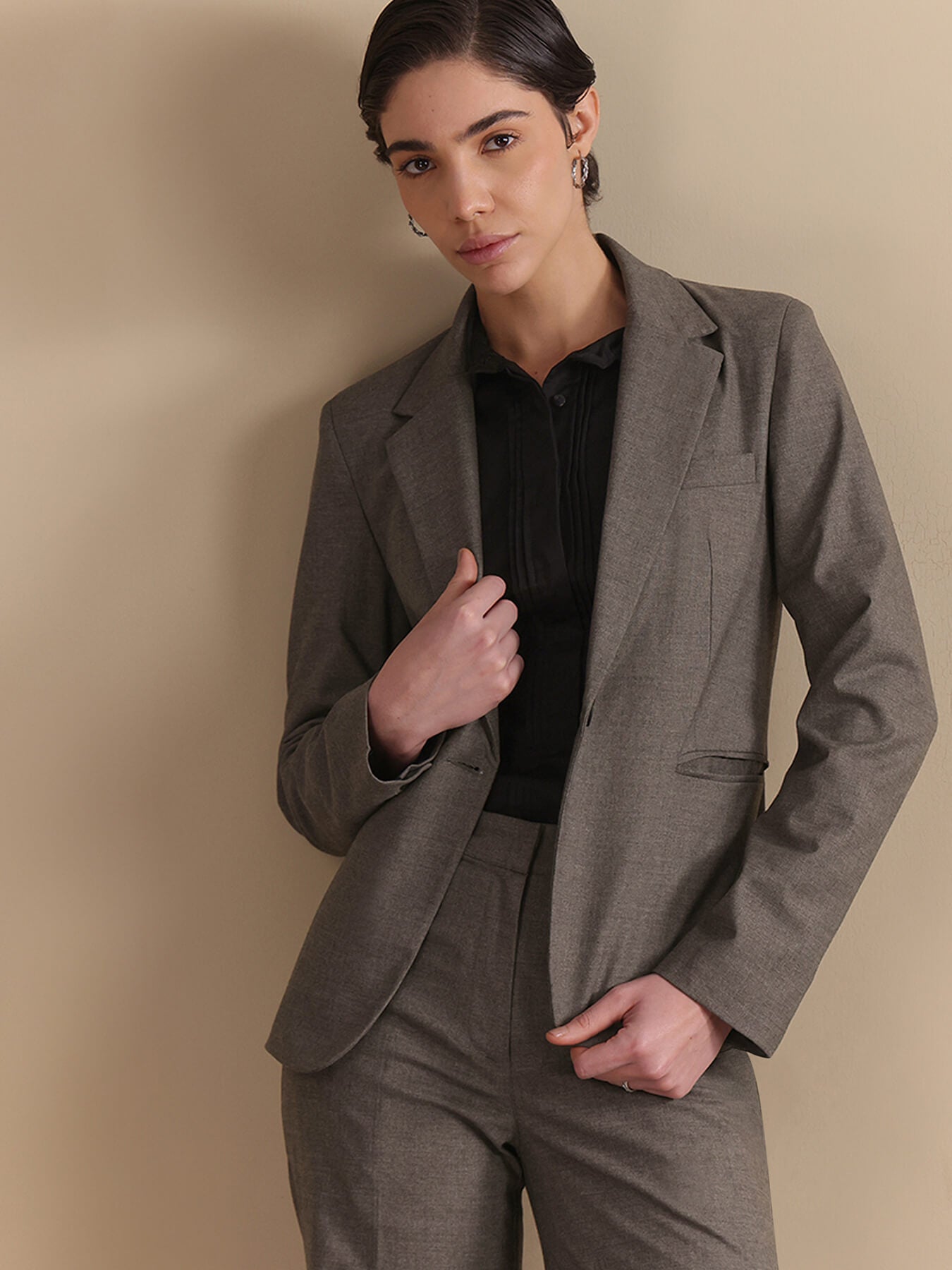 Single Breasted Blazer and Wide leg Trousers Coord - Grey