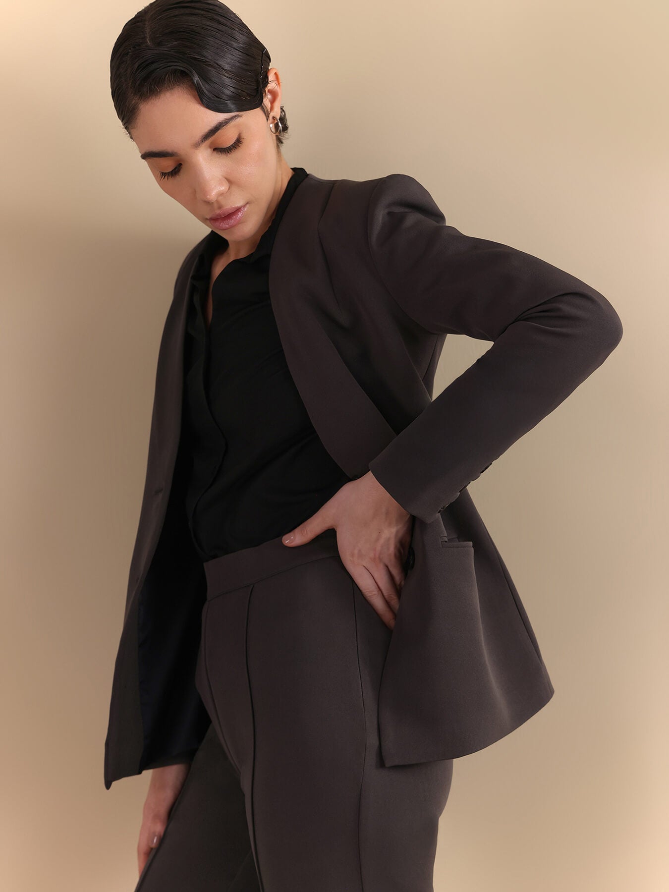 Single Breasted Blazer and Pintuck Trousers Coord - Grey
