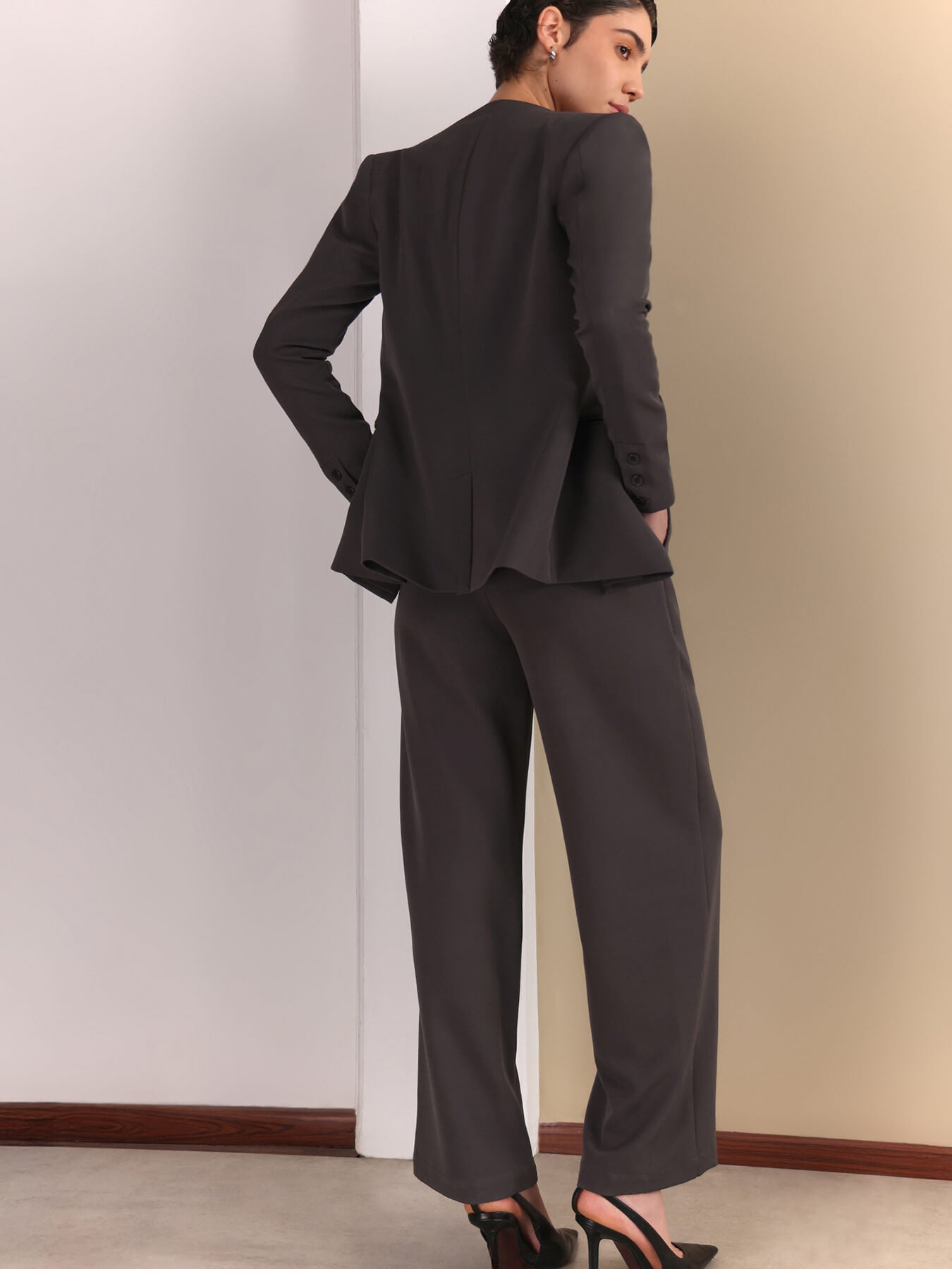 Single Breasted Blazer and Wide leg Trousers Coord - Grey