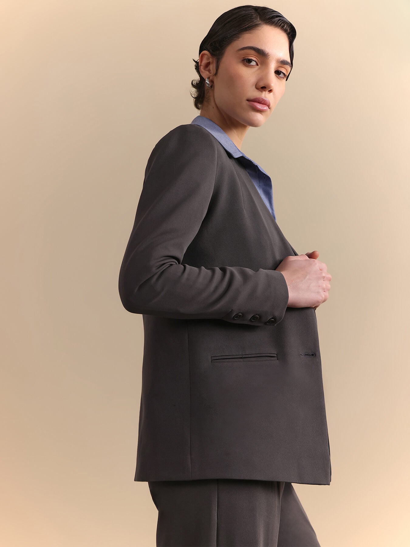 Single Breasted Blazer and Wide leg Trousers Coord - Grey