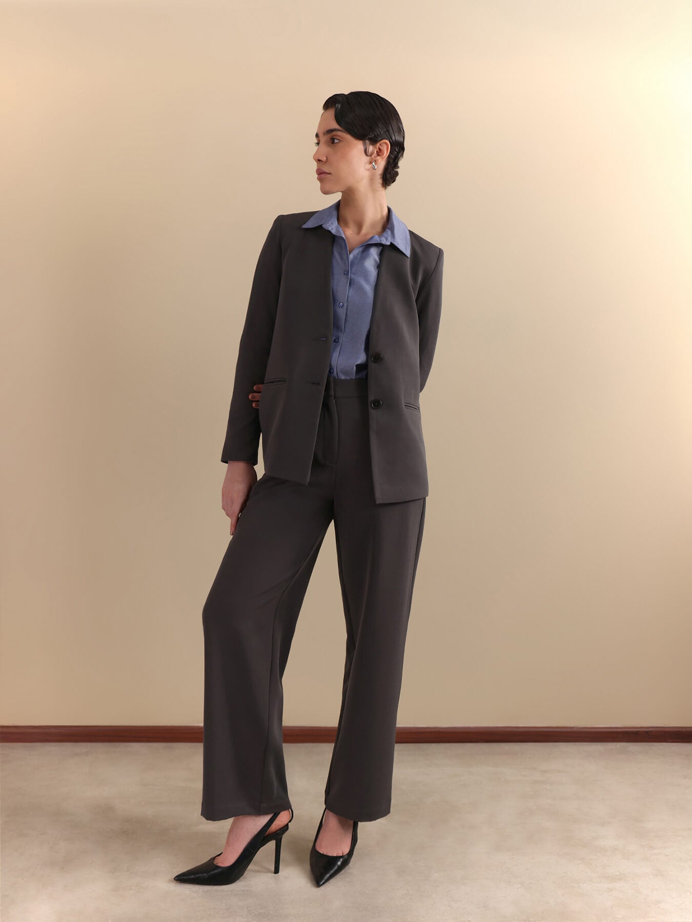Single Breasted Blazer and Wide leg Trousers Coord - Grey