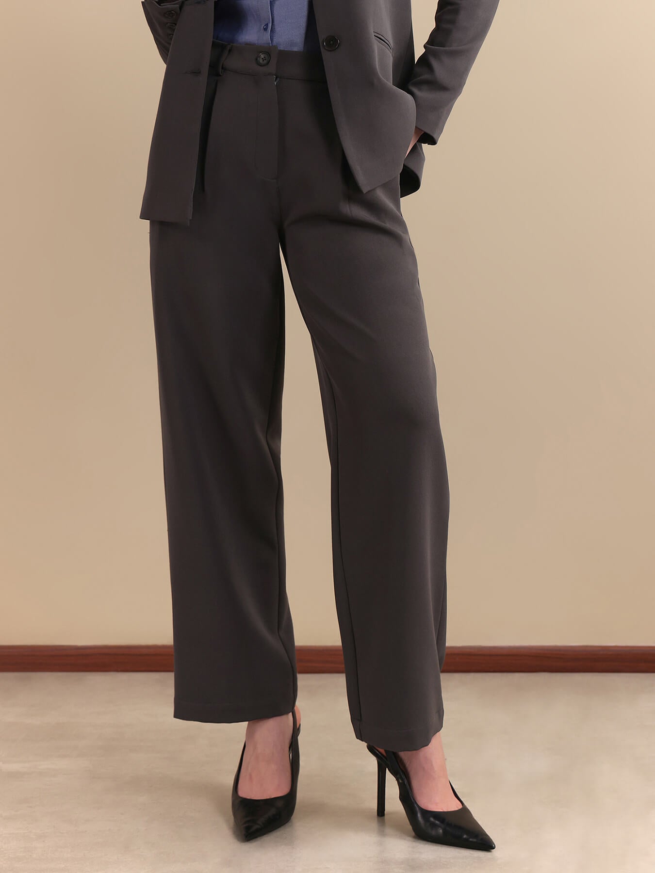 Single Breasted Blazer and Wide leg Trousers Coord - Grey
