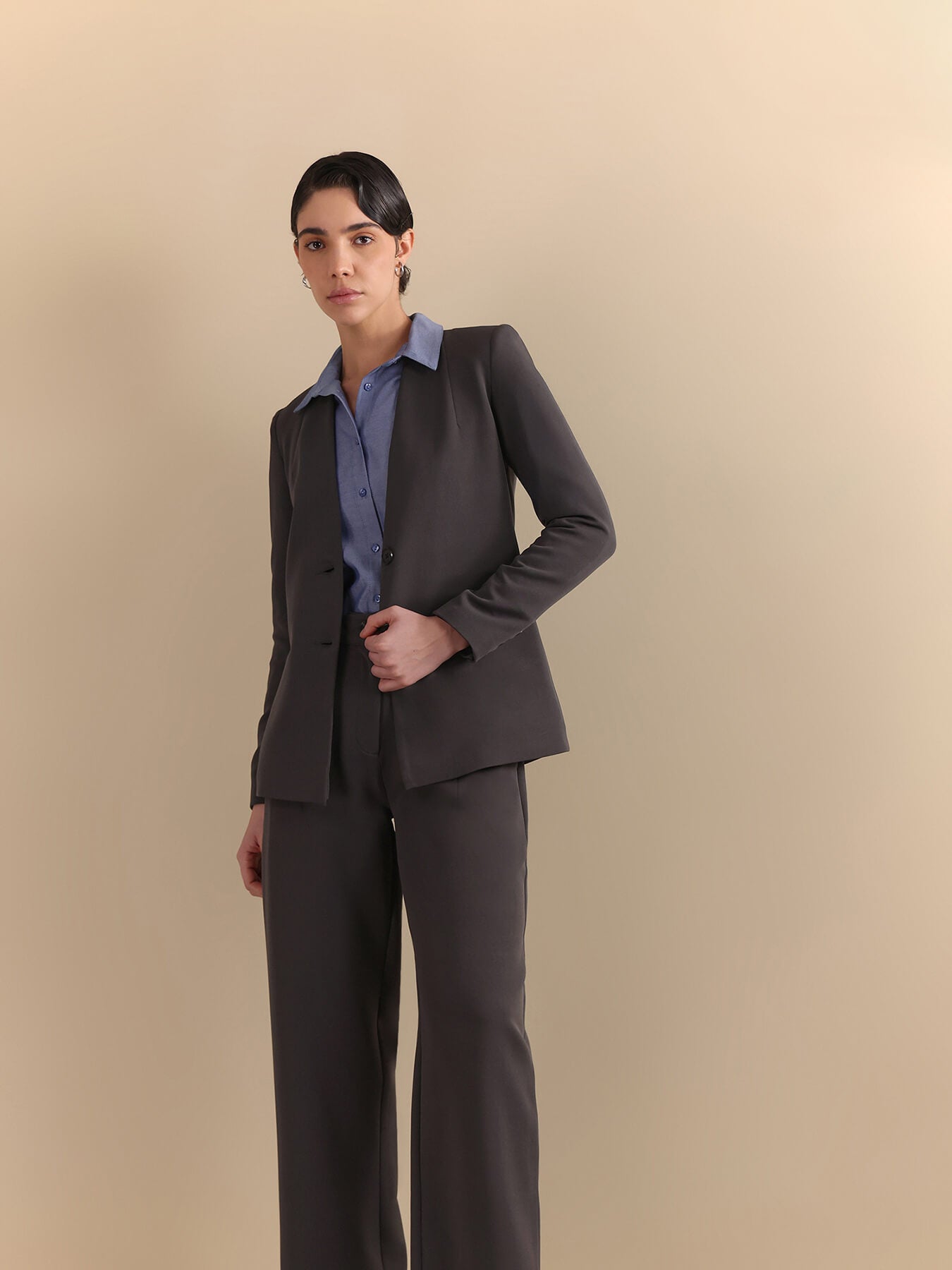 Single Breasted Blazer and Wide leg Trousers Coord - Grey