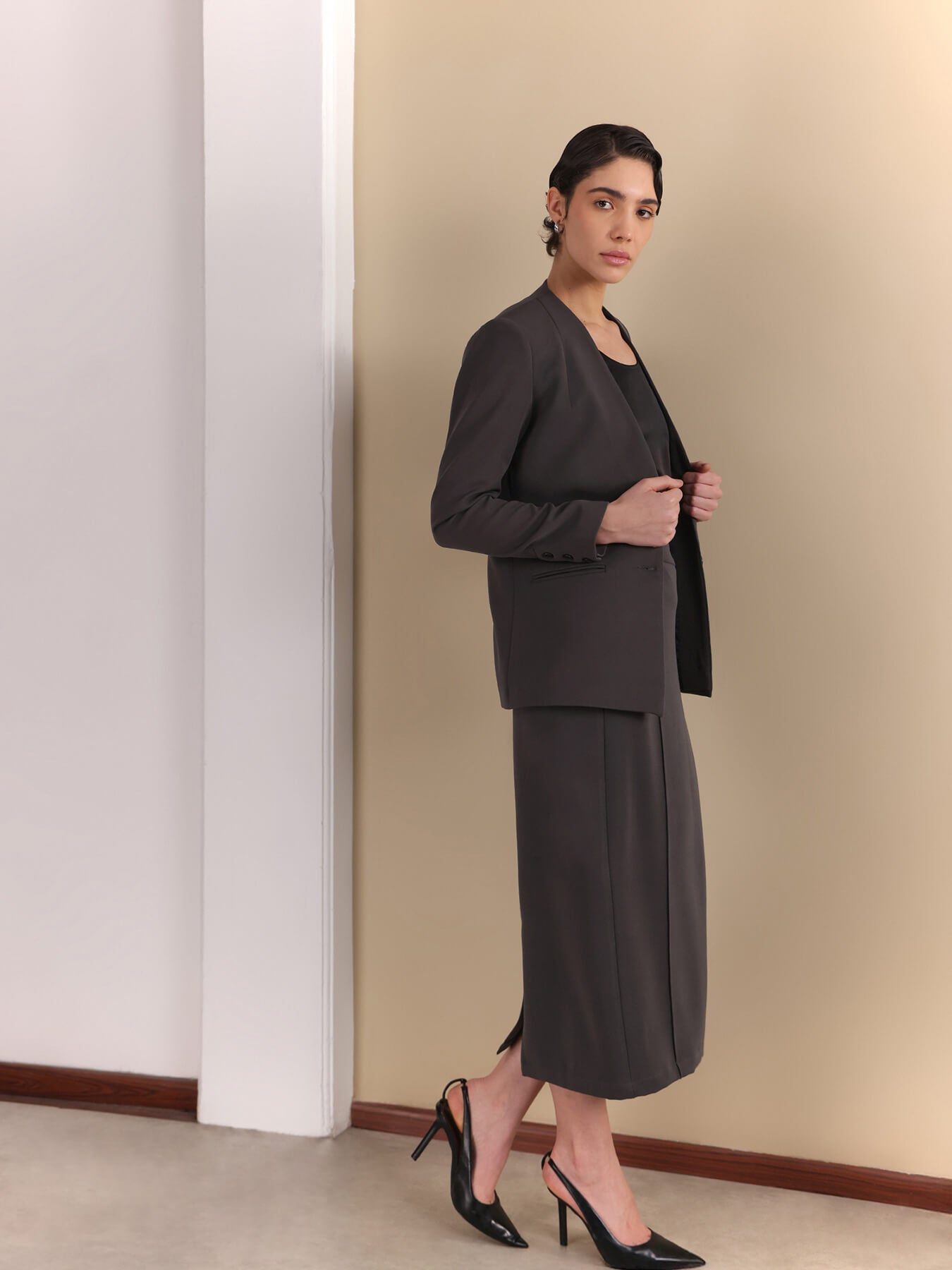Single Breasted Blazer and Skirt Coord - Grey