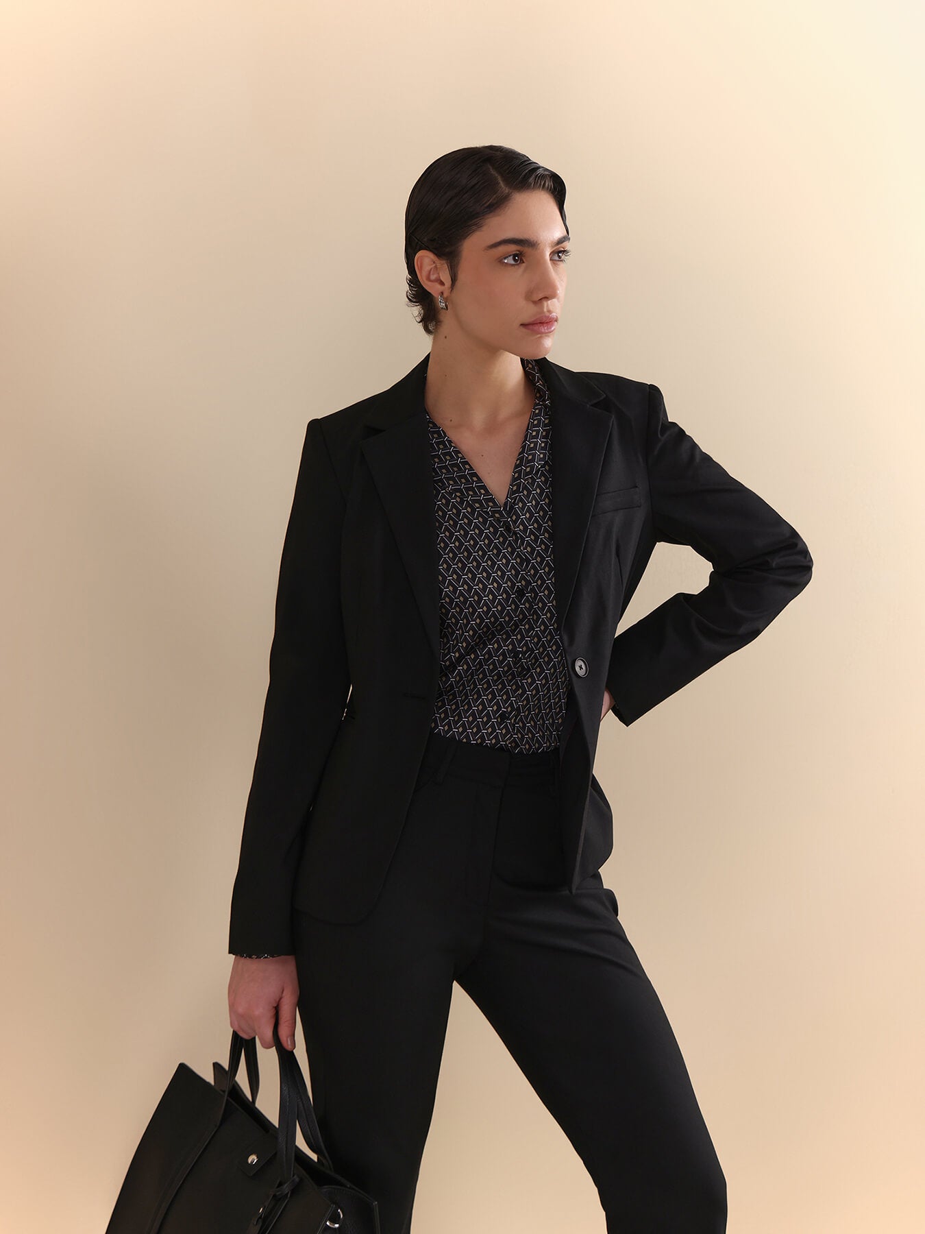 Single Breasted Blazer and Flared Trousers Coord - Black