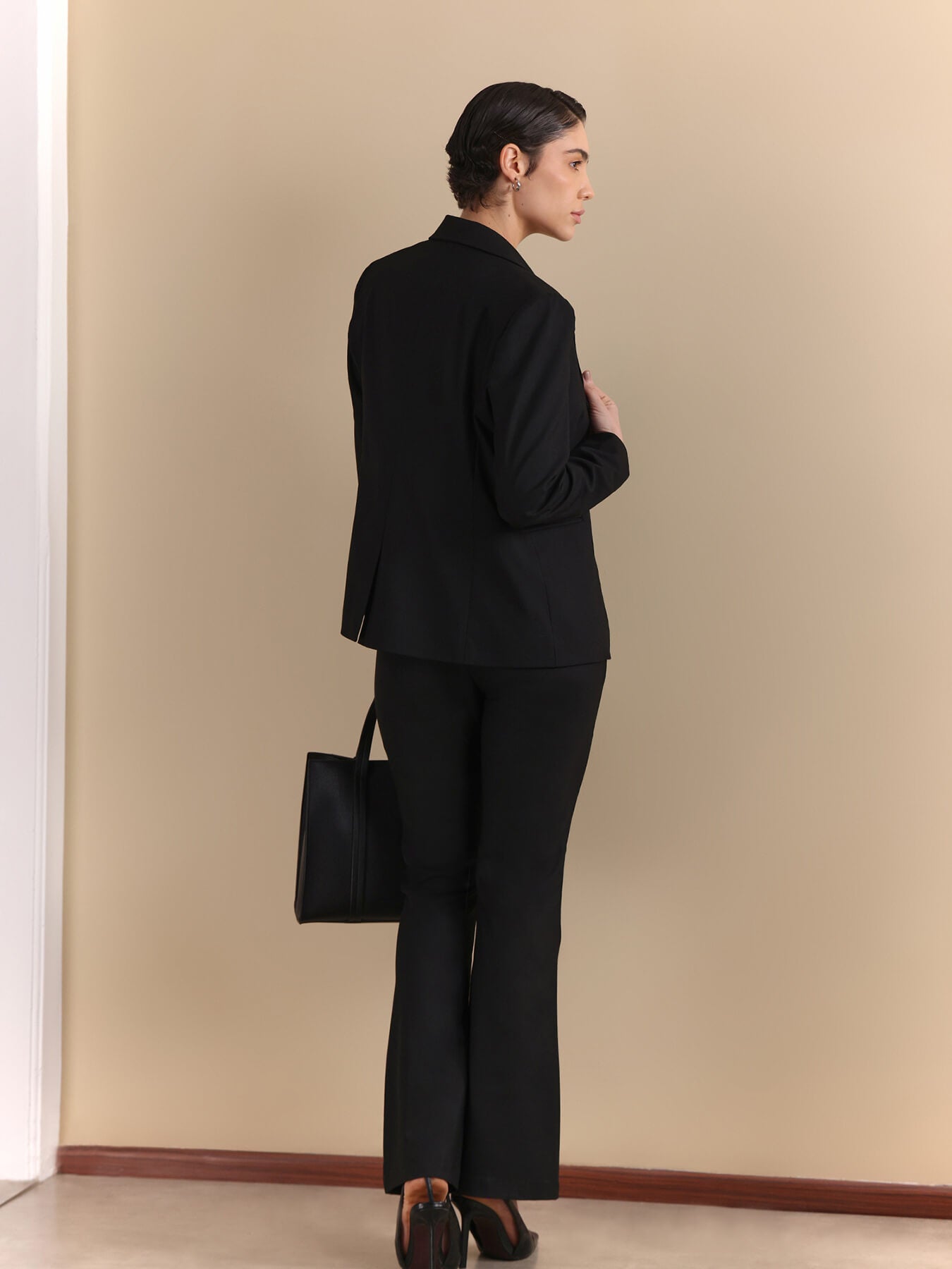 Single Breasted Blazer and Flared Trousers Coord - Black