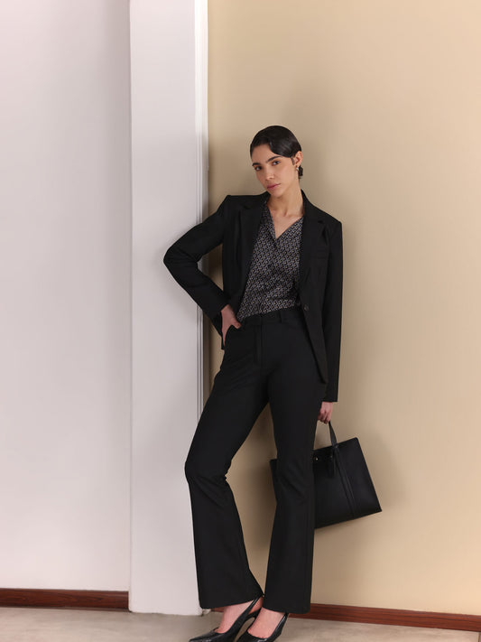 Single Breasted Blazer and Flared Trousers Coord - Black