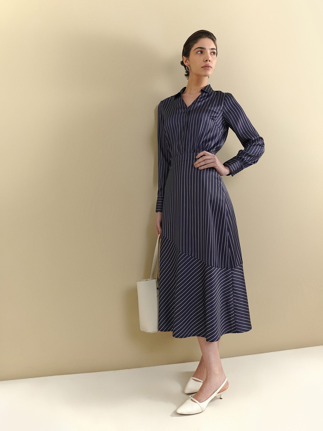 Satin Shirt & Flared Skirt Coord - Navy Blue