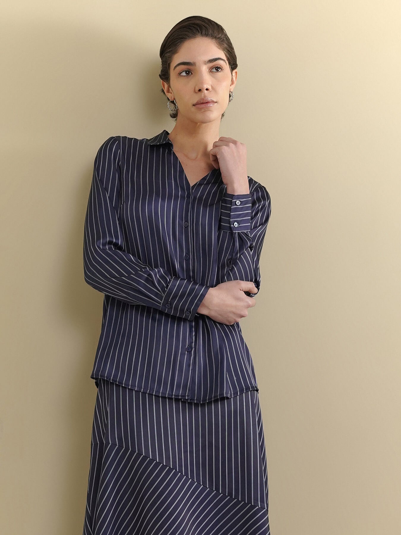 Satin Shirt & Flared Skirt Coord - Navy Blue