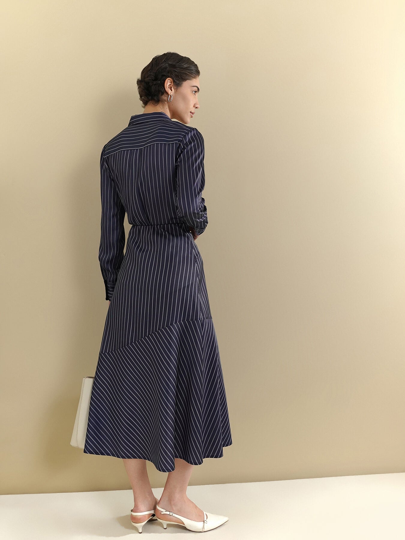 Satin Shirt & Flared Skirt Coord - Navy Blue