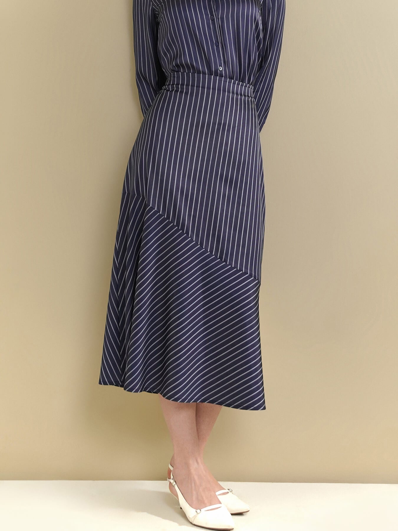 Satin Shirt & Flared Skirt Coord - Navy Blue