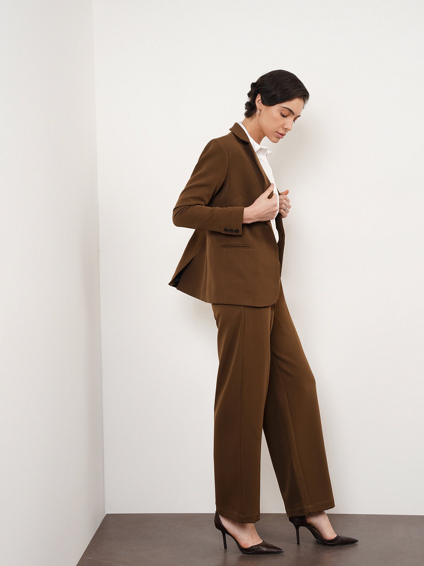 Blazer & Wide Leg Trousers Coord - Brown