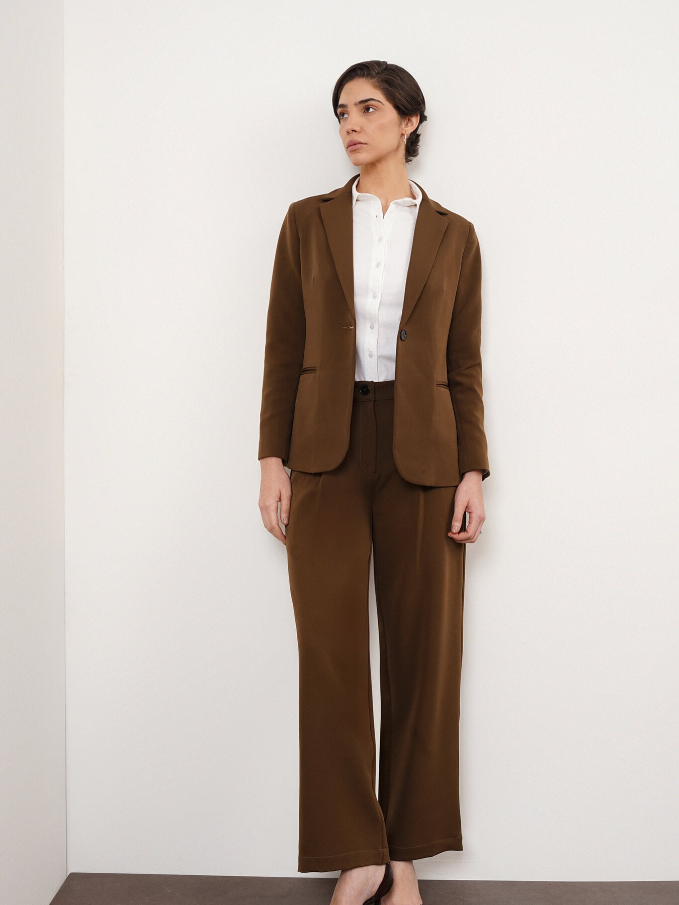 Blazer & Wide Leg Trousers Coord - Brown