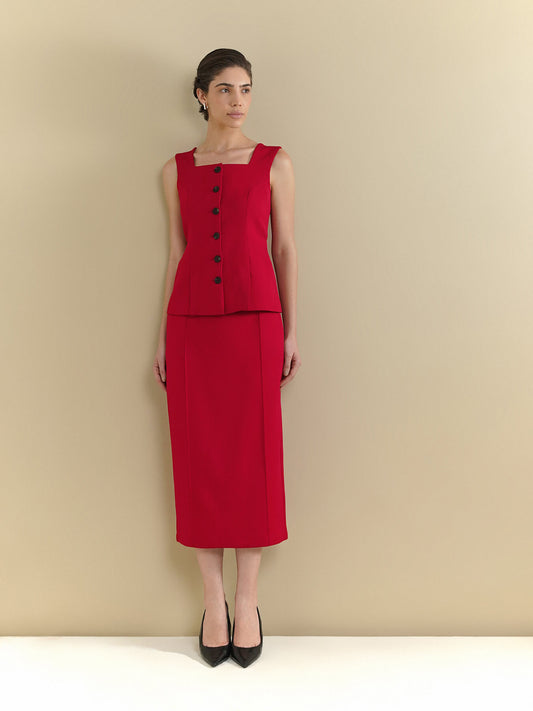 Waistcoat & Straight Skirt Coord - Red