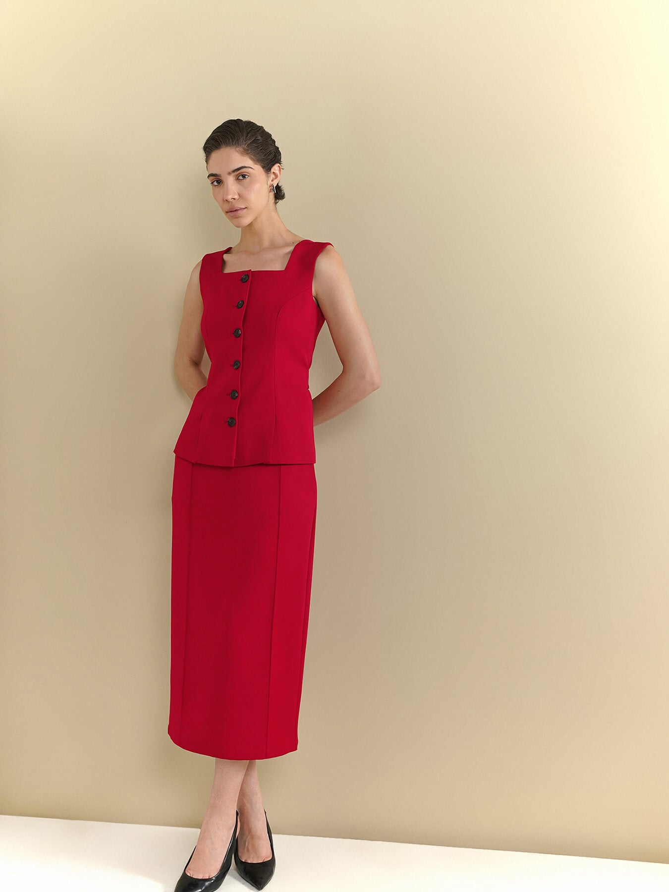 Waistcoat & Straight Skirt Coord - Red