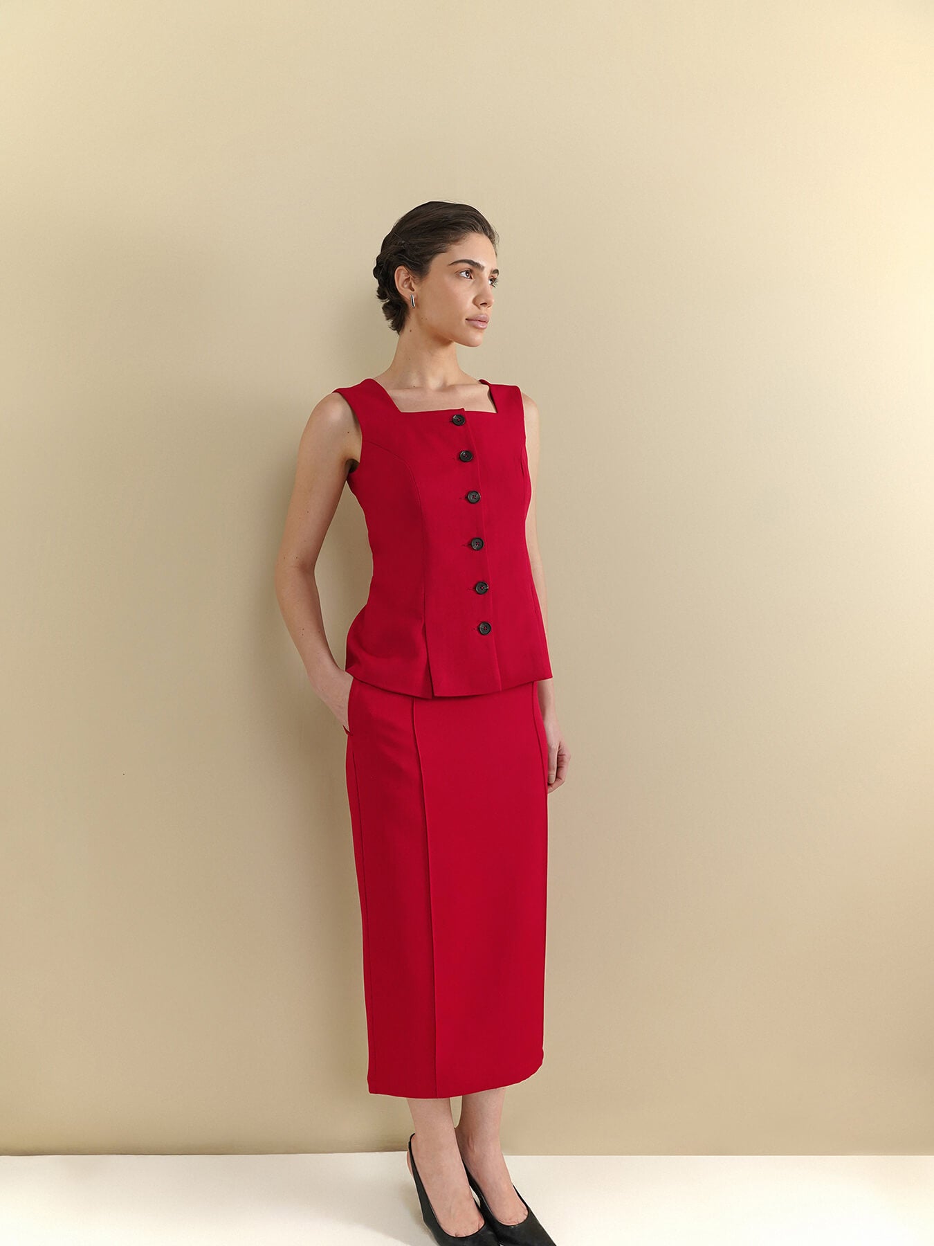 Waistcoat & Straight Skirt Coord - Red