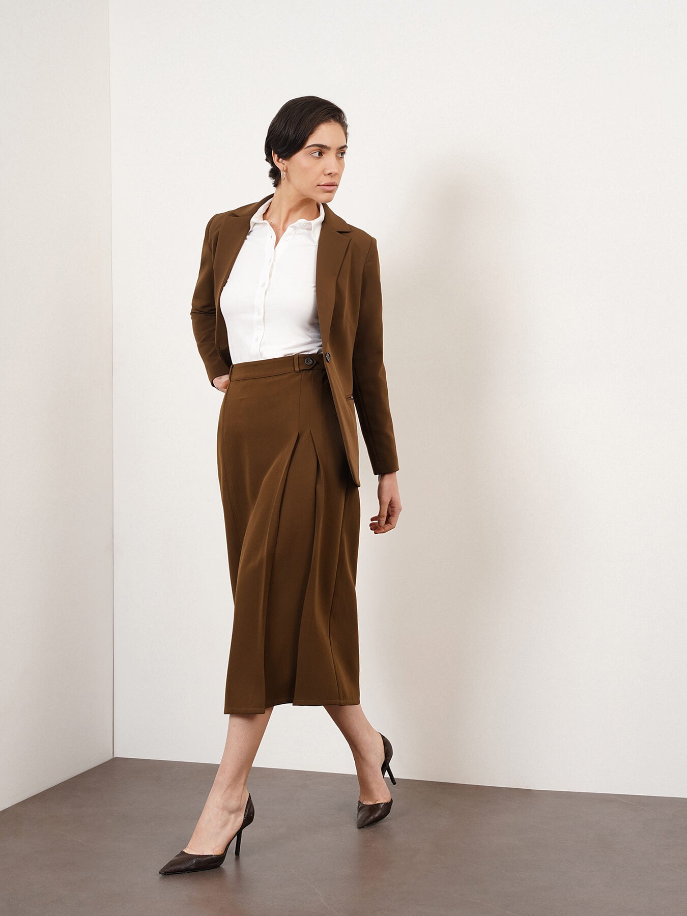 Blazer & Straight Skirt Coord - Brown
