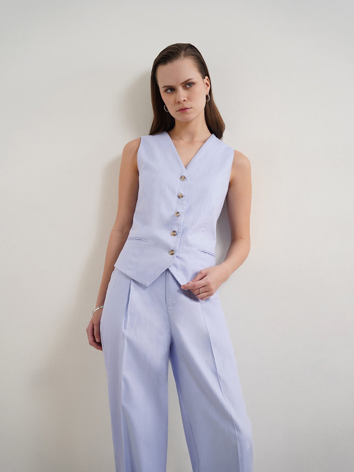 Cotton Linen Waistcoat and Trousers Coord - Powder Blue