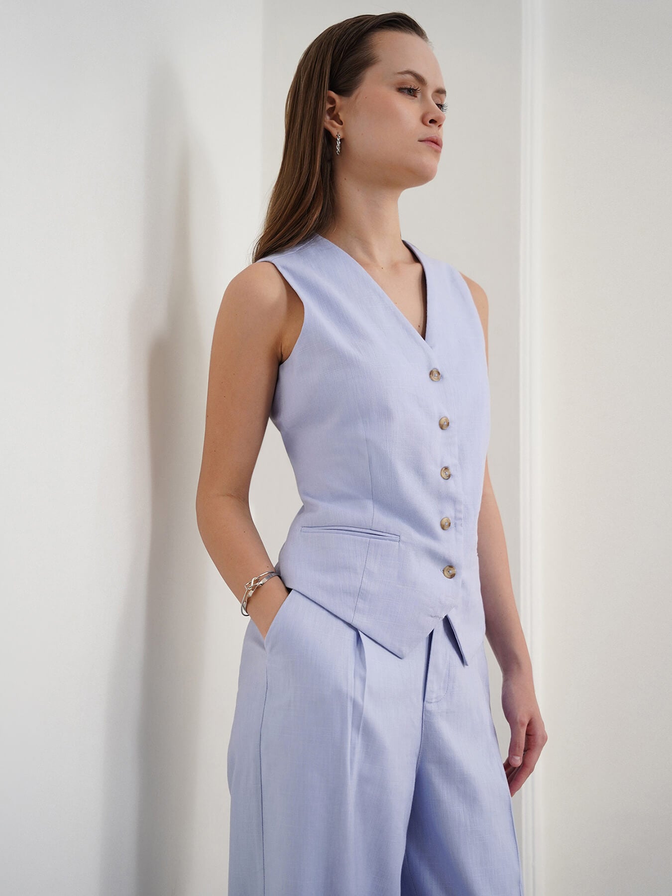 Cotton Linen Waistcoat and Trousers Coord - Powder Blue