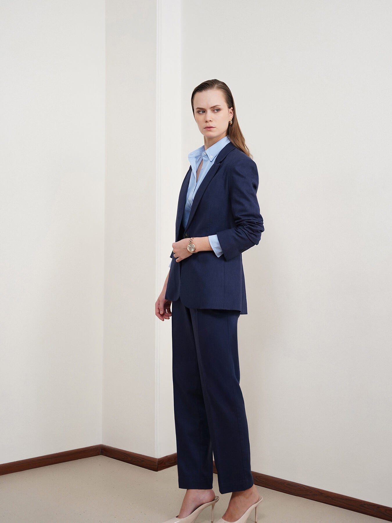 Cotton Linen Blazer and Trousers Coord - Navy