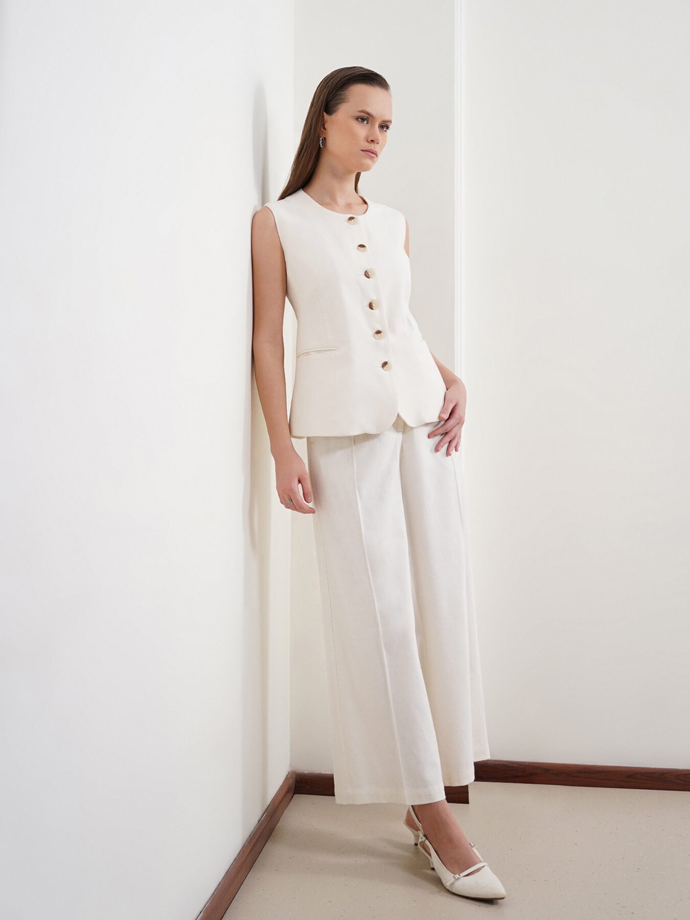 Cotton Linen Waistcoat and Trousers Coord - Off White