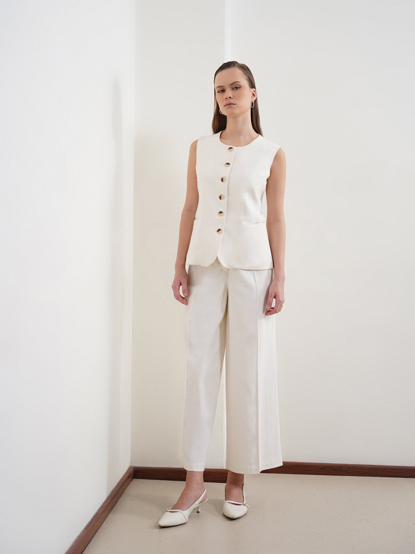 Cotton Linen Waistcoat and Trousers Coord - Off White