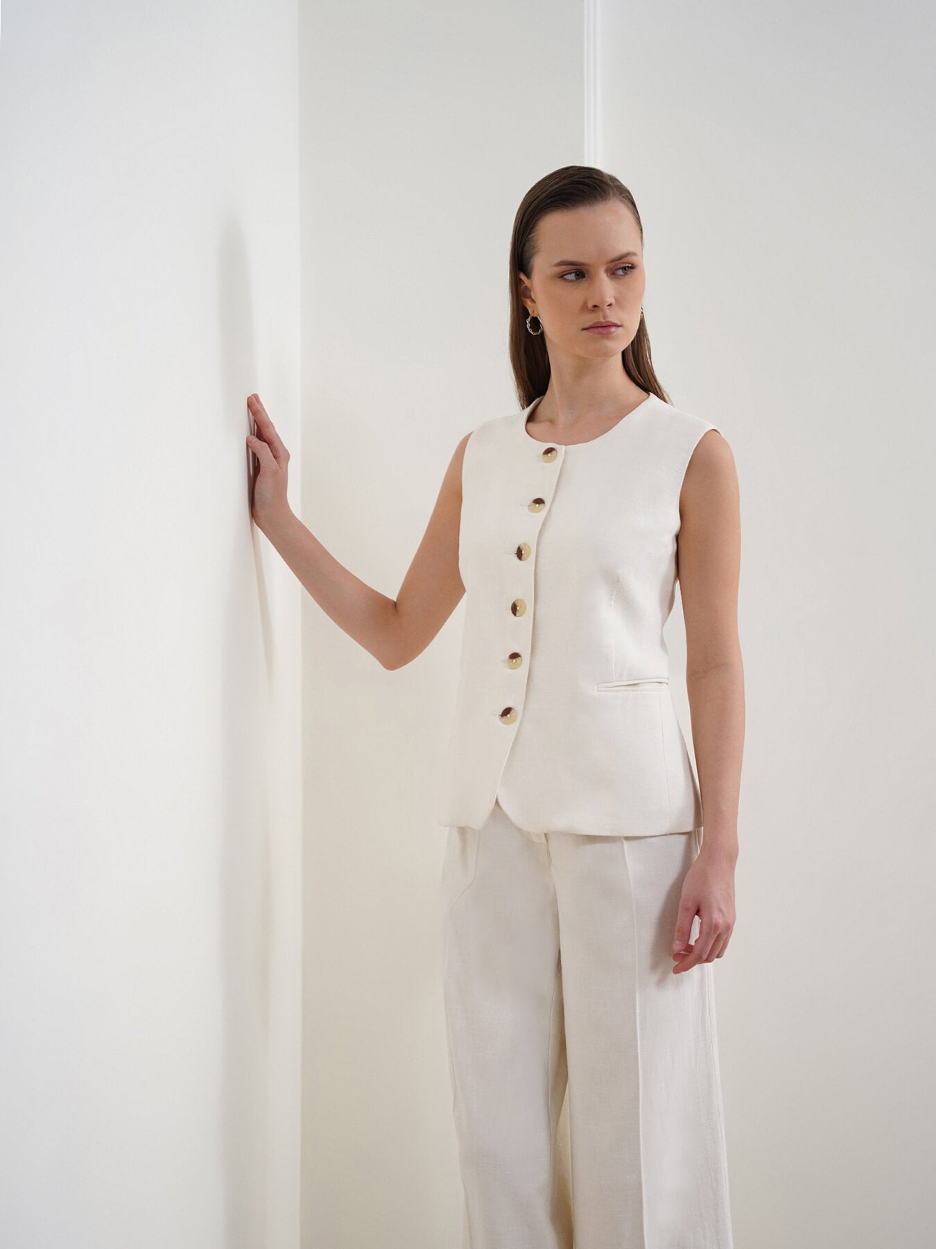 Cotton Linen Waistcoat and Trousers Coord - Off White