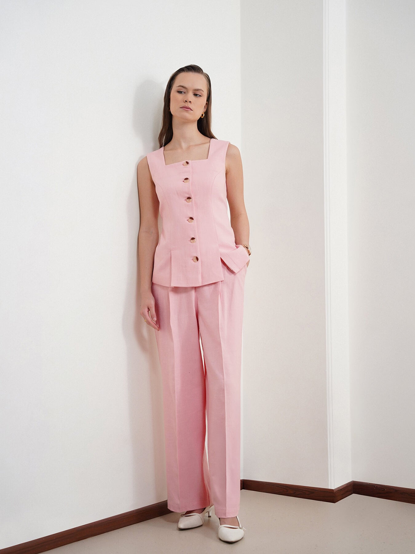 Cotton Linen Waistcoat and Trousers Coord - Dusty Pink