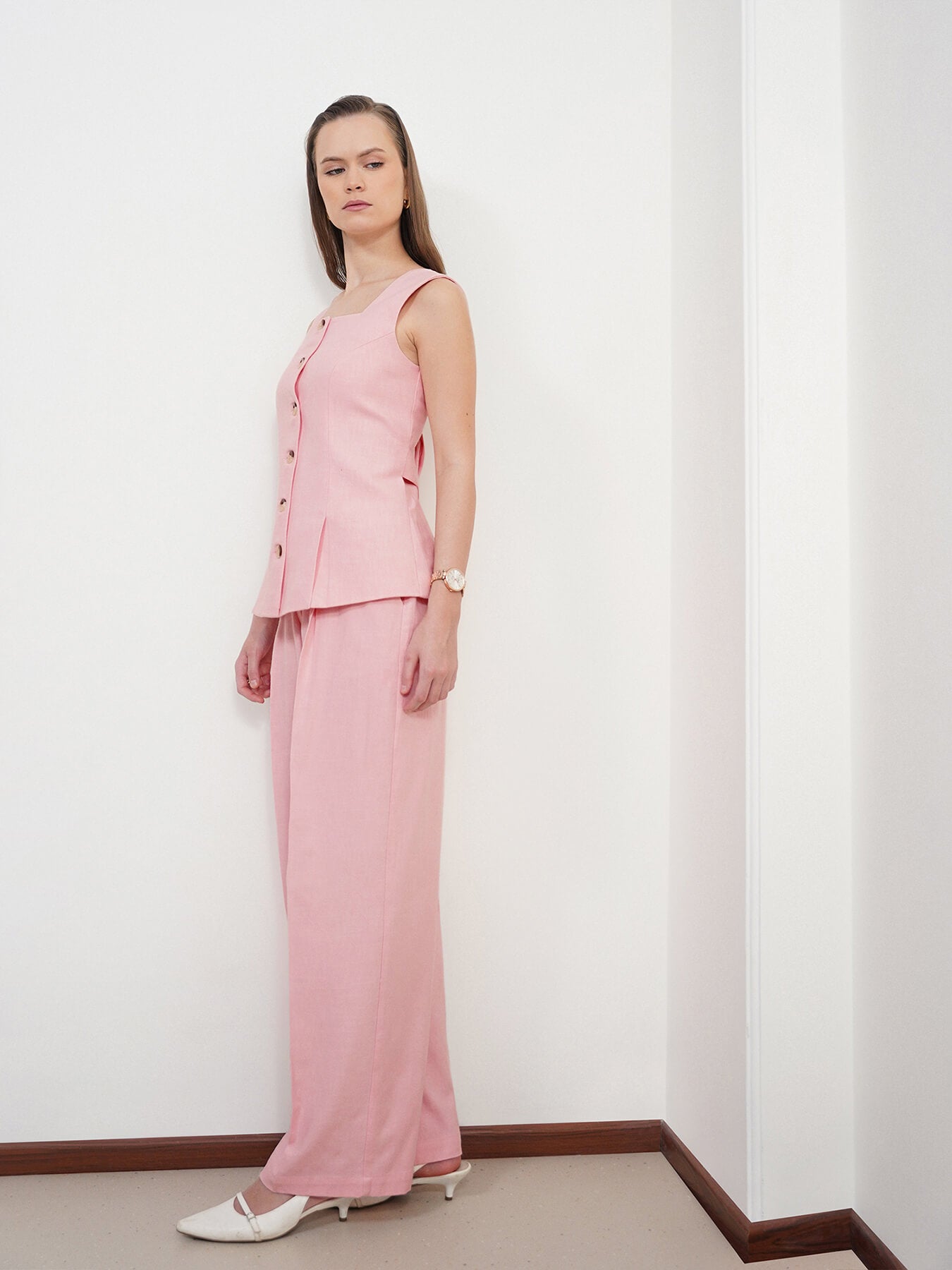 Cotton Linen Waistcoat and Trousers Coord - Dusty Pink