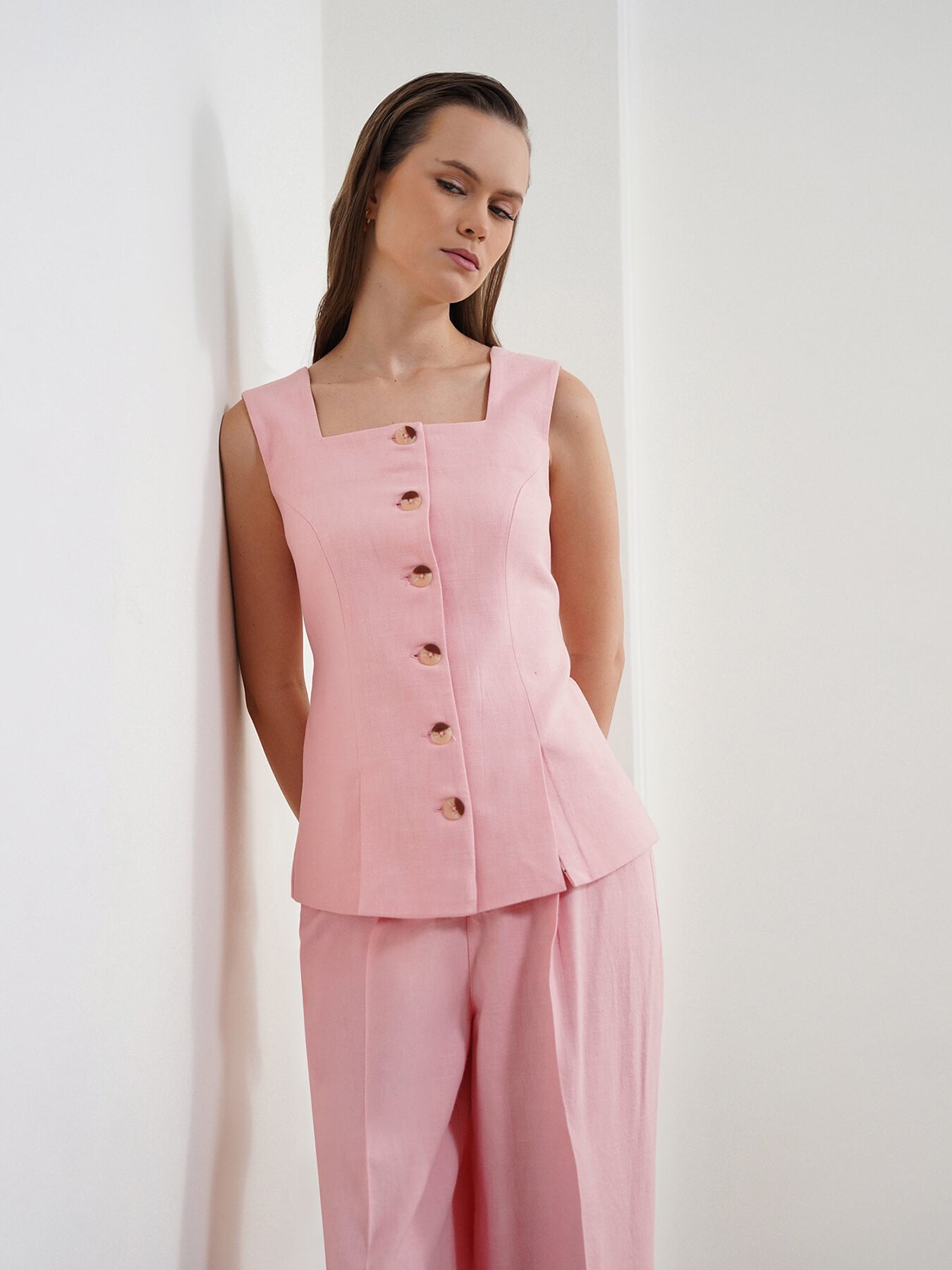Cotton Linen Waistcoat and Trousers Coord - Dusty Pink