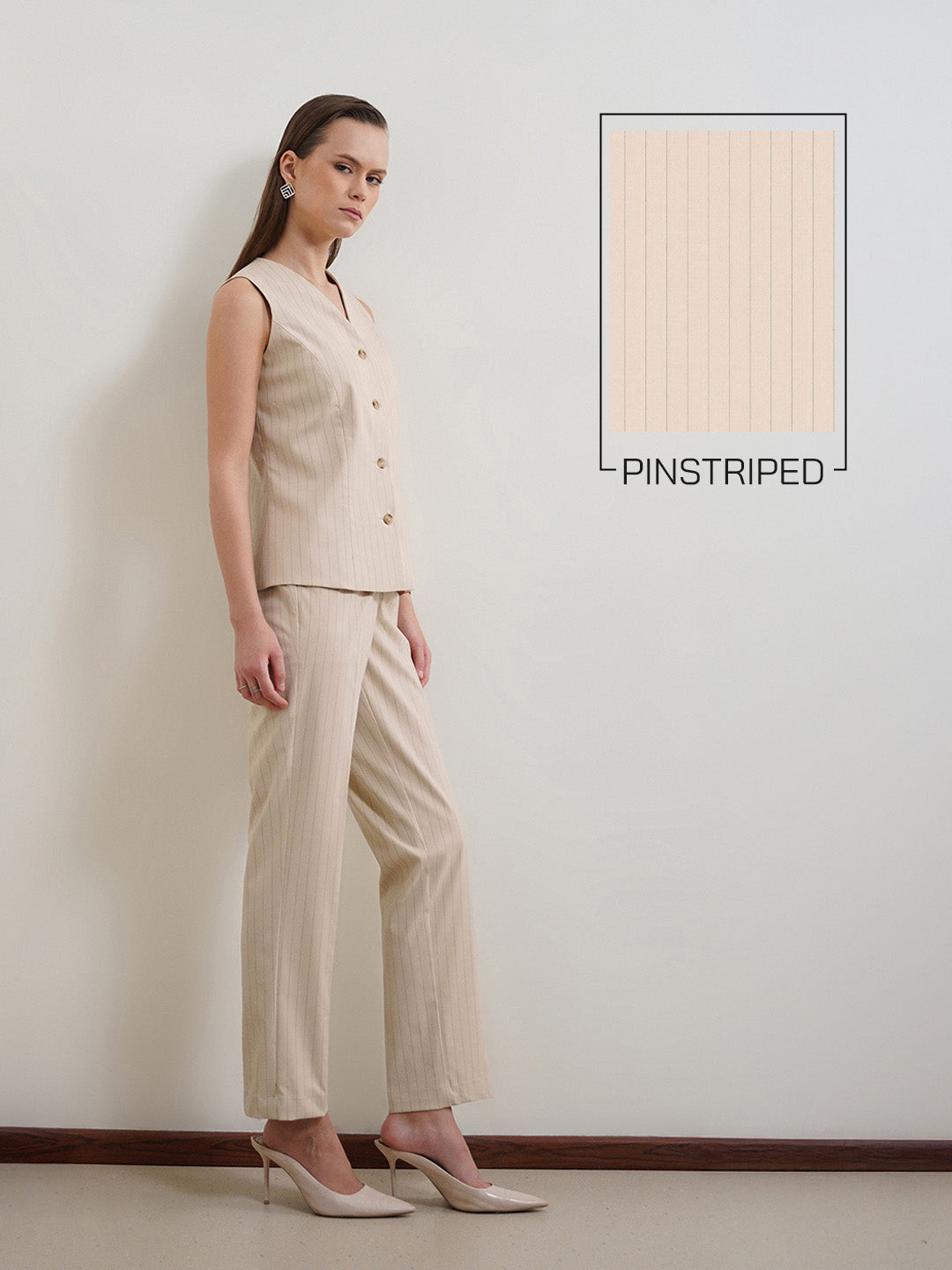 Striped Waistcoat and Trousers Coord - Beige